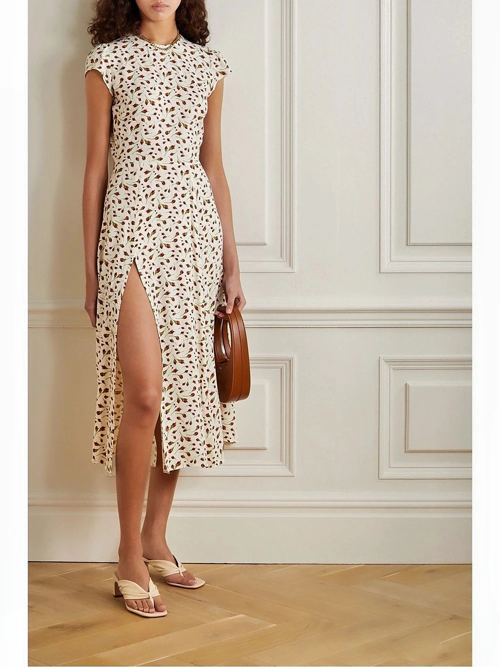 Reformation Gavin Dress Floral Midi Cream & Red Size 10 Like New
